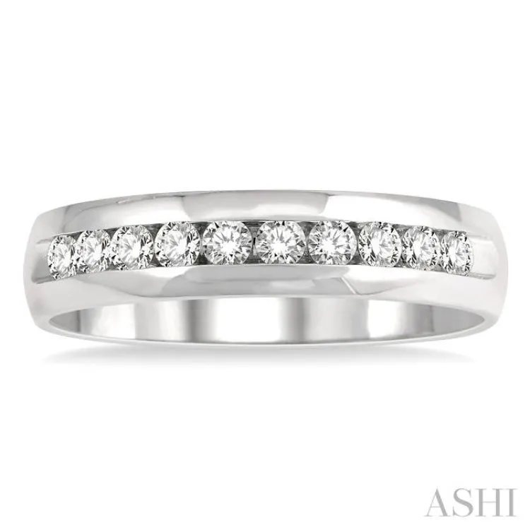 1/2 ctw Niched Center Round Cut Diamond Men's Wedding Band in 14K White Gold