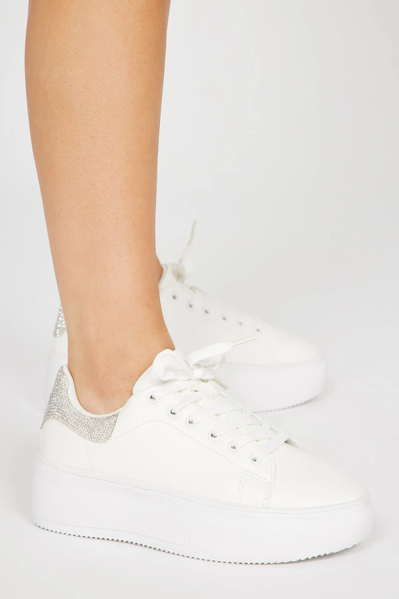 Adeline Embellished Lace Up Sneakers - Silver