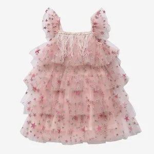 Baby Girl Dresses | Fur Layered Dress- Pink Star | Petite Hailey