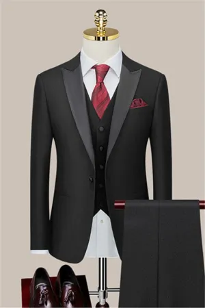 Black Men's Suits Slim Fit hree Pieces Wedding Suits Peaked Lapel One Button Blazer Suit Set
