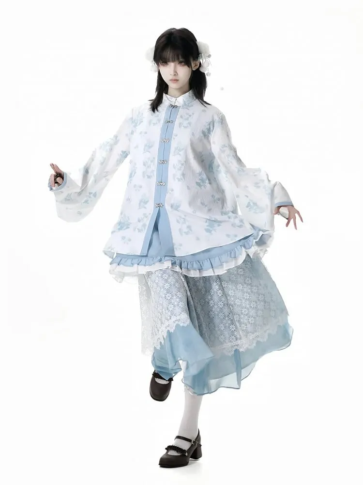 Blue Elastic Waist Floral Pattern Lace Skirt