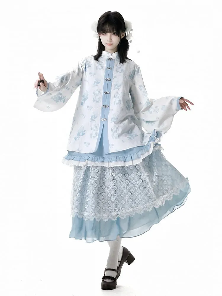 Blue Elastic Waist Floral Pattern Lace Skirt