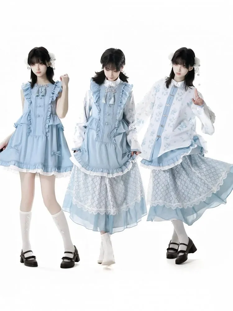 Blue Elastic Waist Floral Pattern Lace Skirt