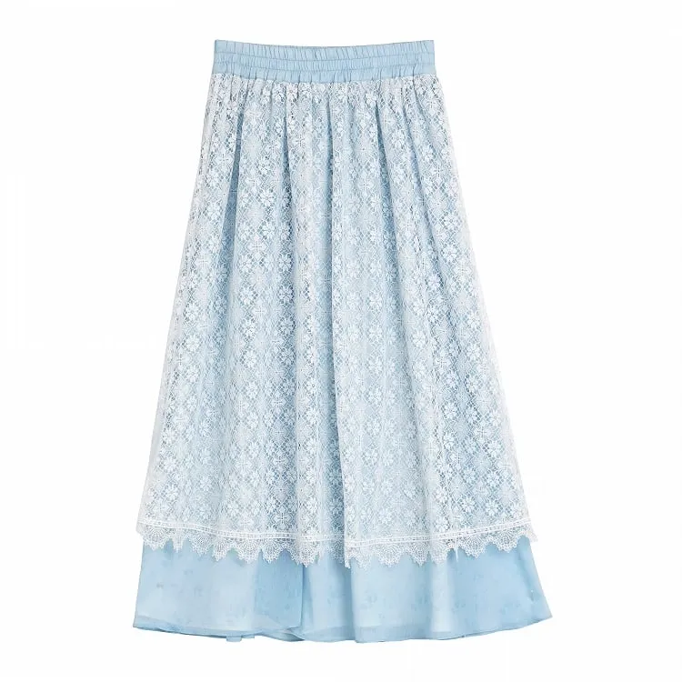 Blue Elastic Waist Floral Pattern Lace Skirt
