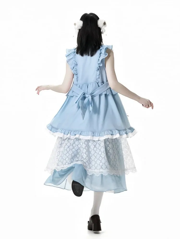 Blue Elastic Waist Floral Pattern Lace Skirt