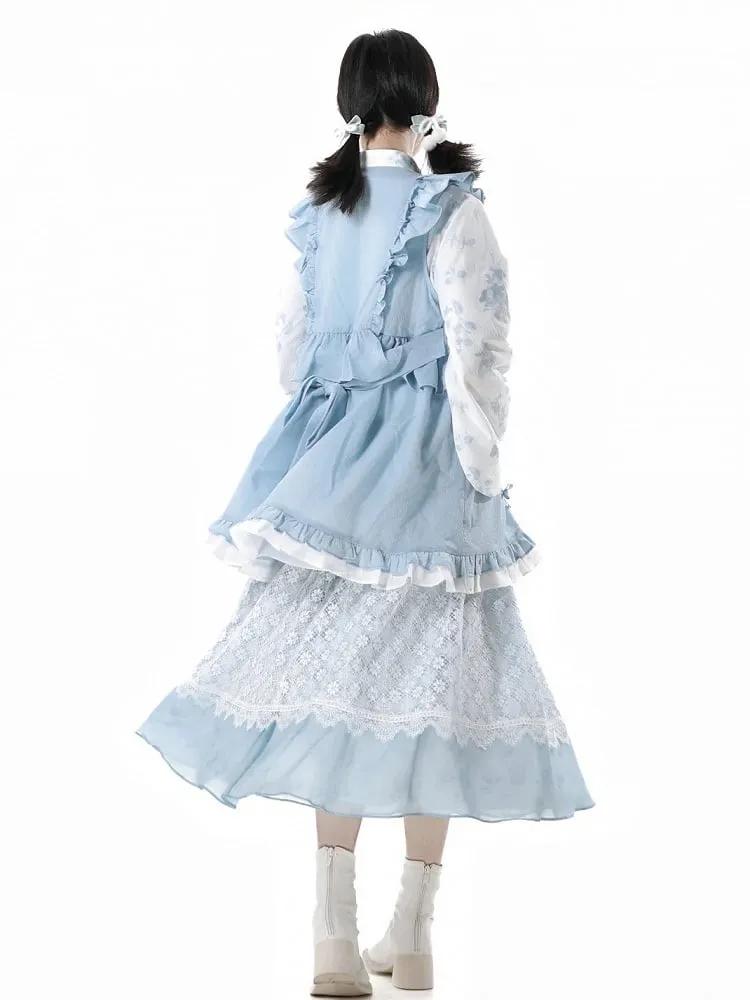 Blue Elastic Waist Floral Pattern Lace Skirt