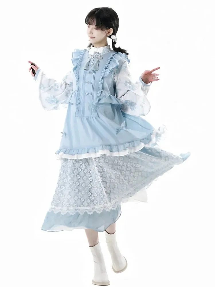 Blue Elastic Waist Floral Pattern Lace Skirt
