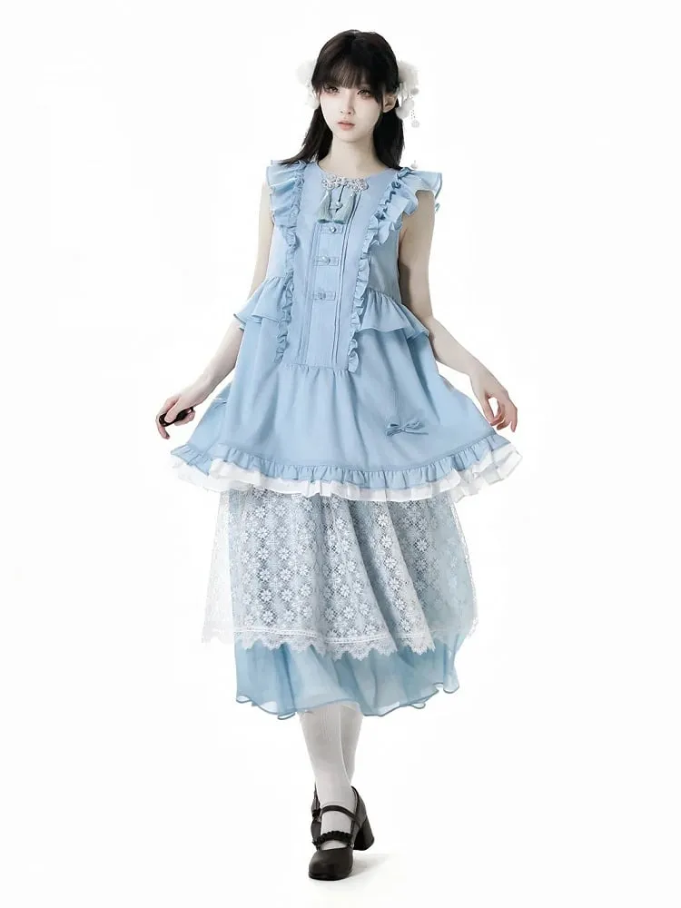 Blue Elastic Waist Floral Pattern Lace Skirt