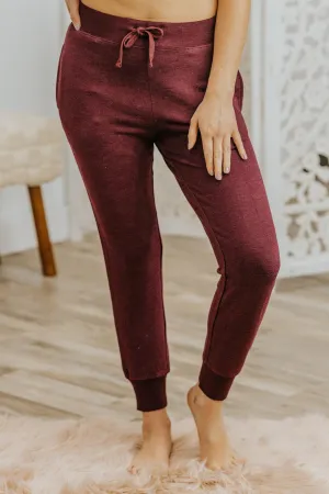 Curl Up Ribbed Elastic Tie Waist Joggers in Burgundy