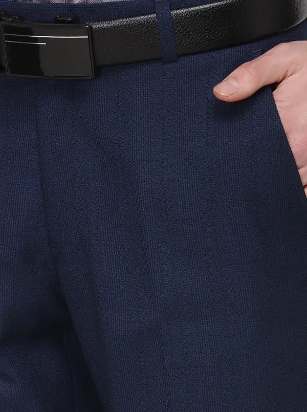 Navy Blue Checked Super Slim Fit Formal Trouser | JadeBlue