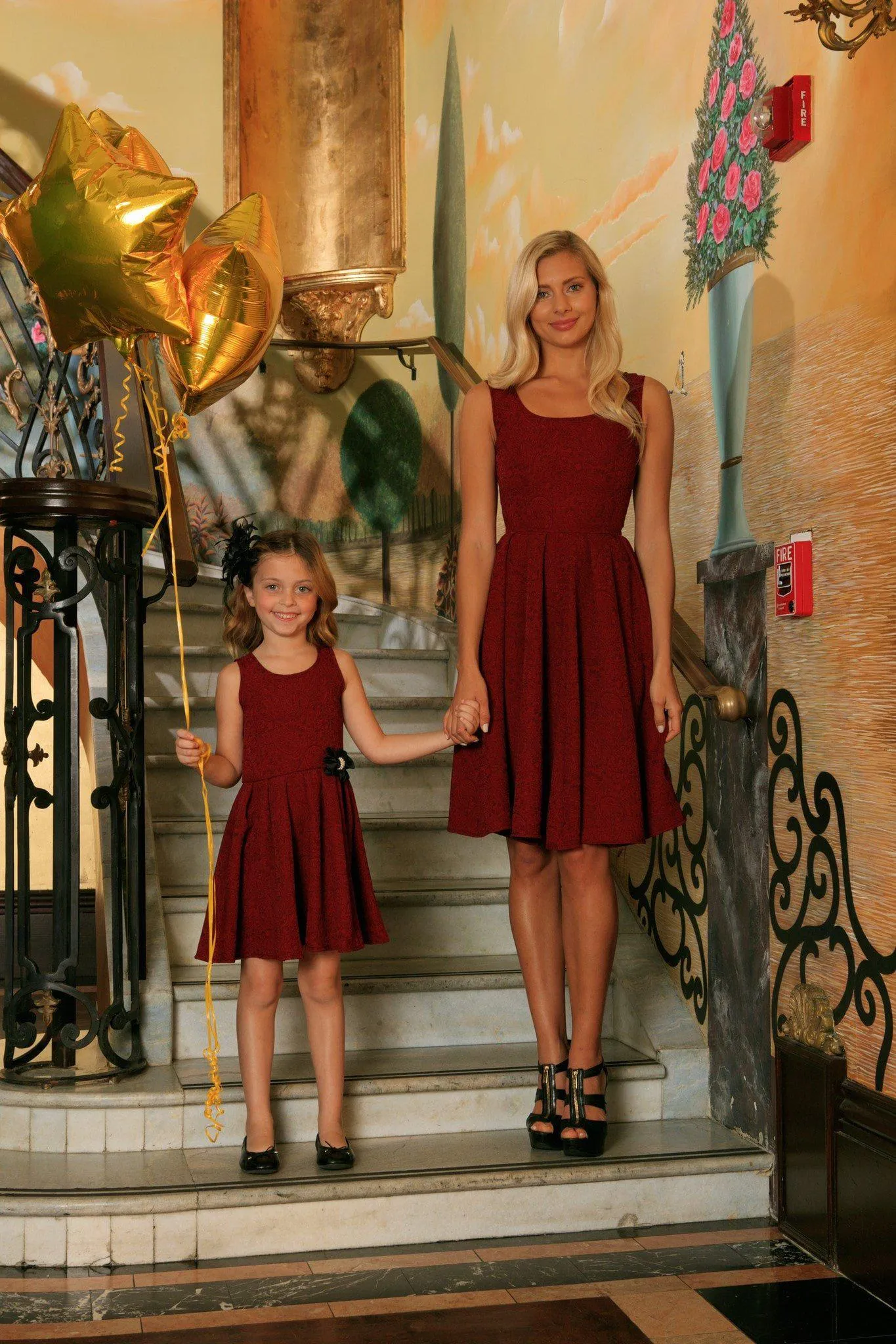 Ruby Red Floral Sleeveless Skater Fit and Flare Mother Daughter Dress
