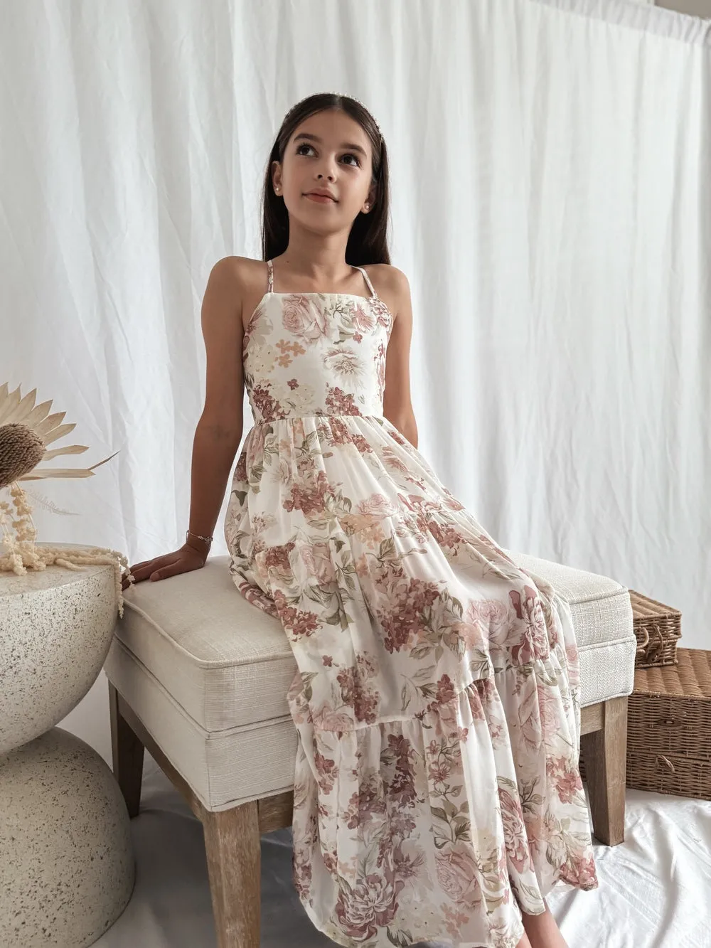 Savannah Girls Cream Floral Maxi Dress - Size 7