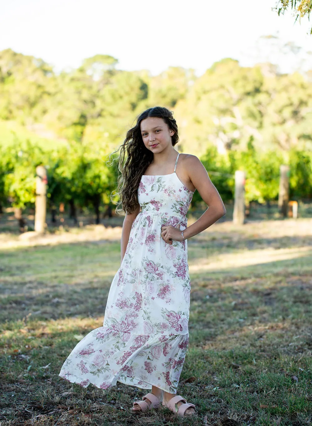 Savannah Girls Cream Floral Maxi Dress - Size 7