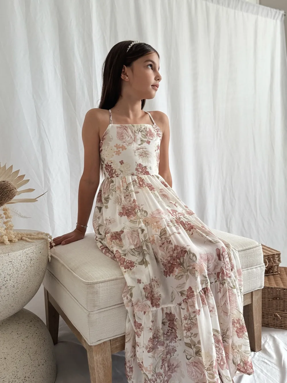 Savannah Girls Cream Floral Maxi Dress - Size 7
