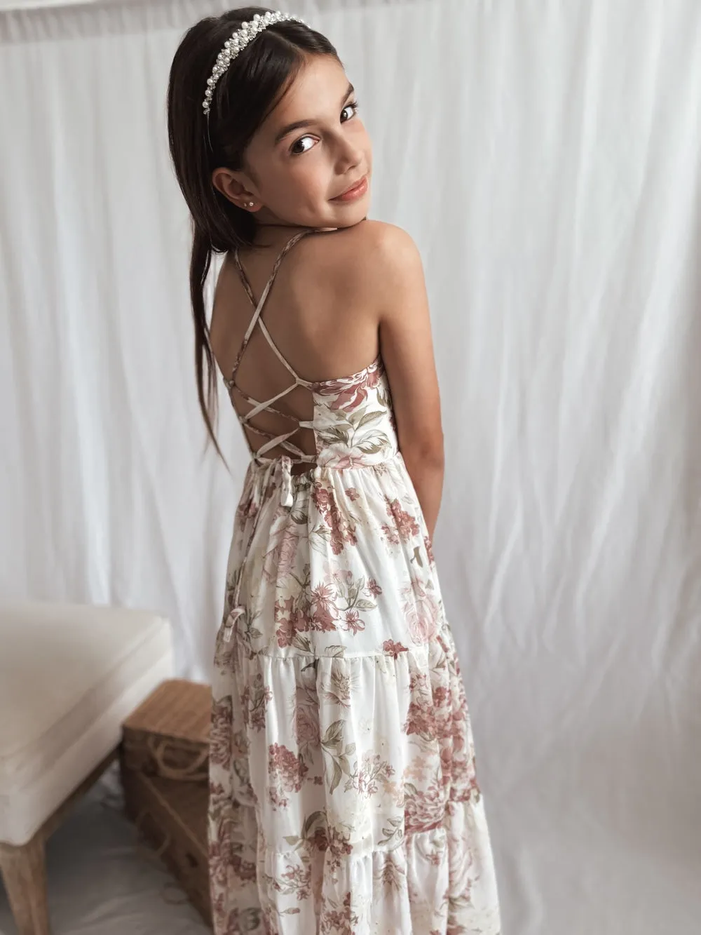 Savannah Girls Cream Floral Maxi Dress - Size 7