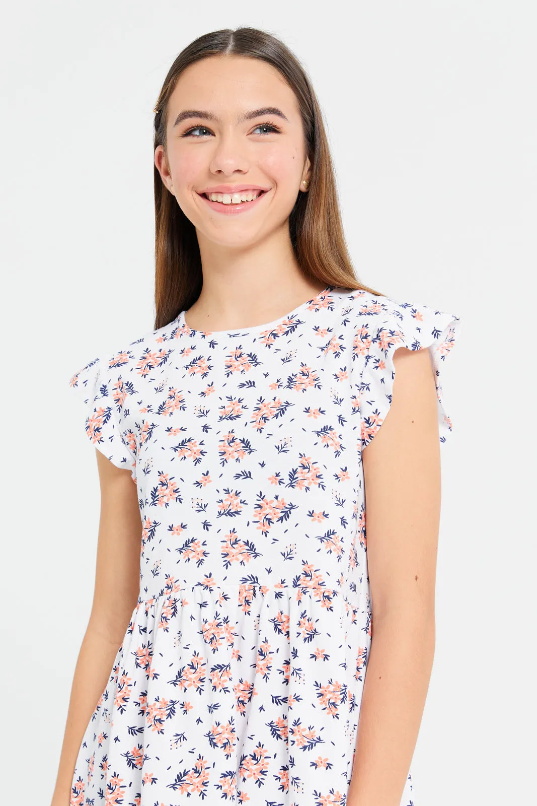 Senior Girls White Floral Ruffled Sleeve Printed Knitted Dress