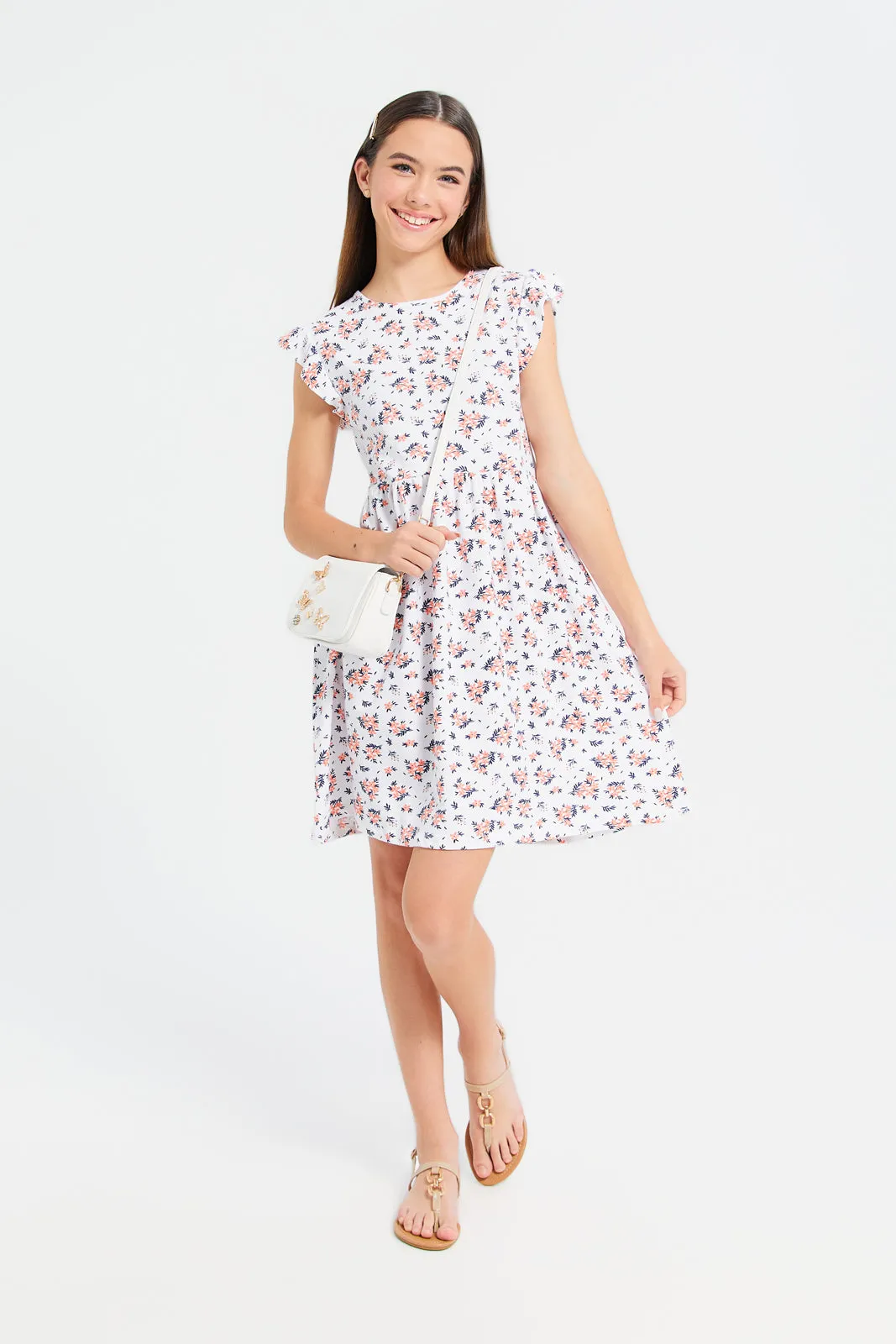 Senior Girls White Floral Ruffled Sleeve Printed Knitted Dress
