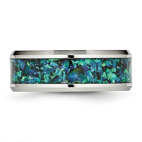 Stainless Steel Polished Finish Blue Opal Inlay 8mm Men's Ring