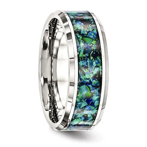 Stainless Steel Polished Finish Blue Opal Inlay 8mm Men's Ring