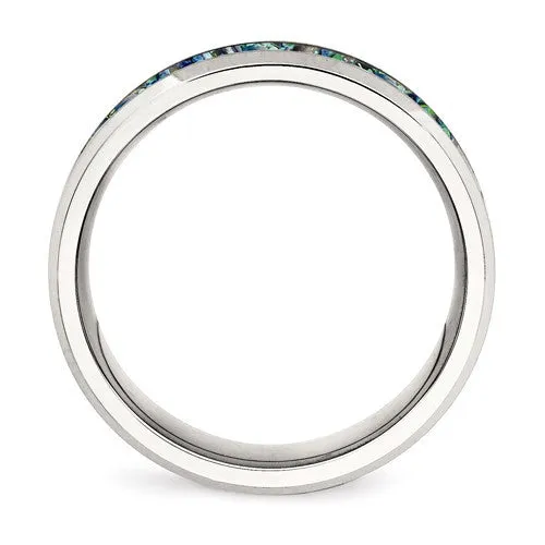 Stainless Steel Polished Finish Blue Opal Inlay 8mm Men's Ring