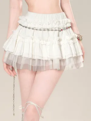 Tiered Skirt White Mesh Elastic Waist Sweet