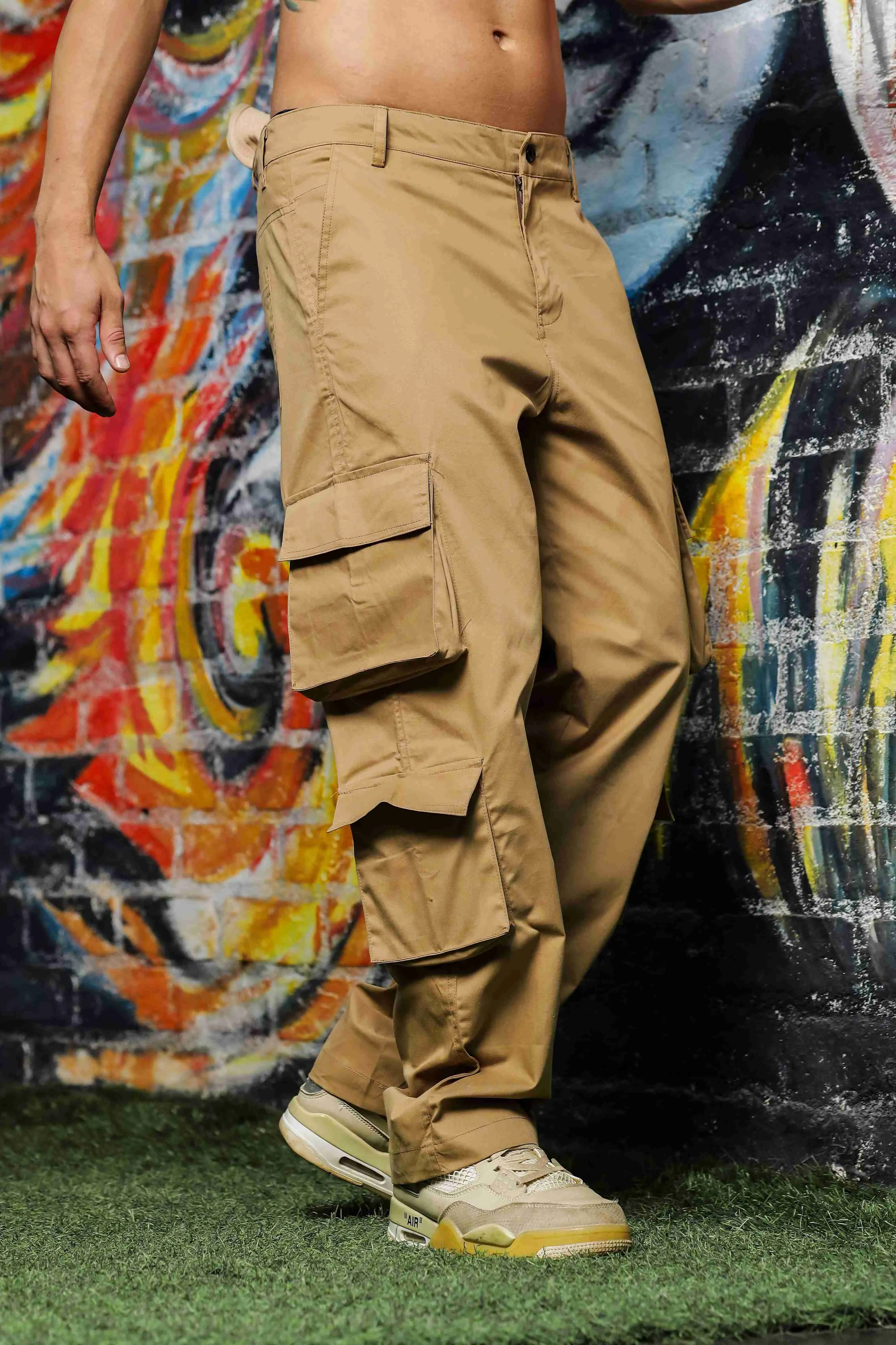 Unisex Baggy Fit Khaki 8-Pocket Cargo Trousers