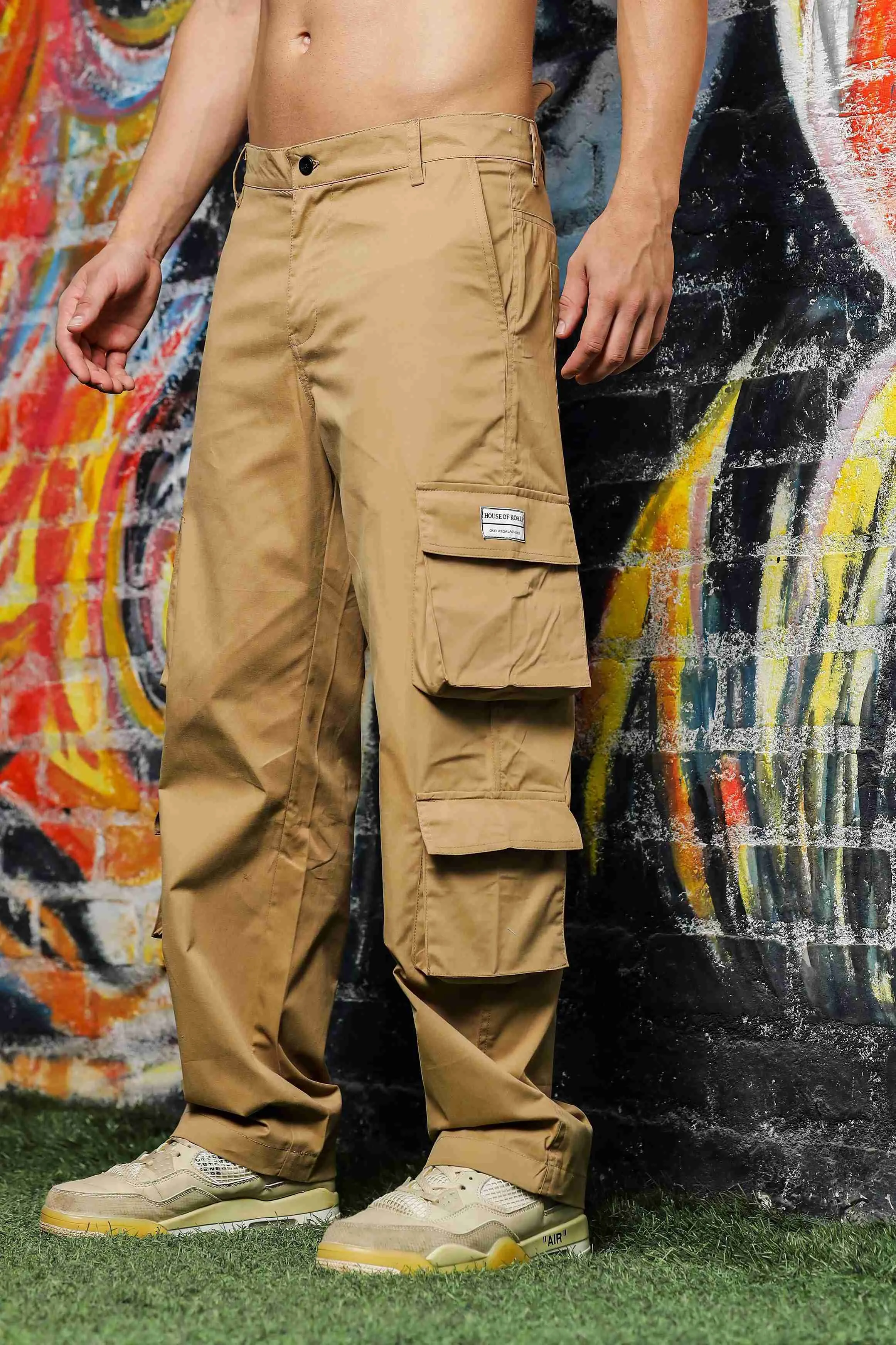 Unisex Baggy Fit Khaki 8-Pocket Cargo Trousers