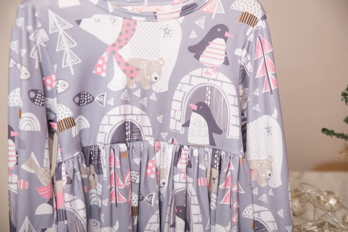 Winter Fun Girls Twirl Dresses - Grey Penguins & Polar Bears